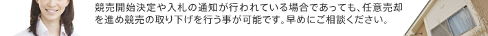 競売開始決定や入札の通知が行われている場合であっても、任意売却を進め競売の取り下げを行う事が可能です。早めにご相談ください。